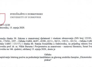 Odluka o raspisivanju internog poziva za podnošenje kandidature za glavnog urednika časopisa “Ekonomska misao i praksa”