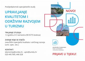Poziv za iskazivanje interesa za upis na poslijediplomski specijalistički studij „Upravljanje kvalitetom i održivim razvojem u turizmu“